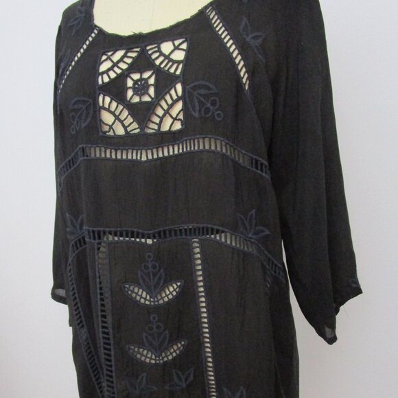 Eyelet Embroidery Shift Dress Arts Craft Black Rayon - Picture 2 of 10